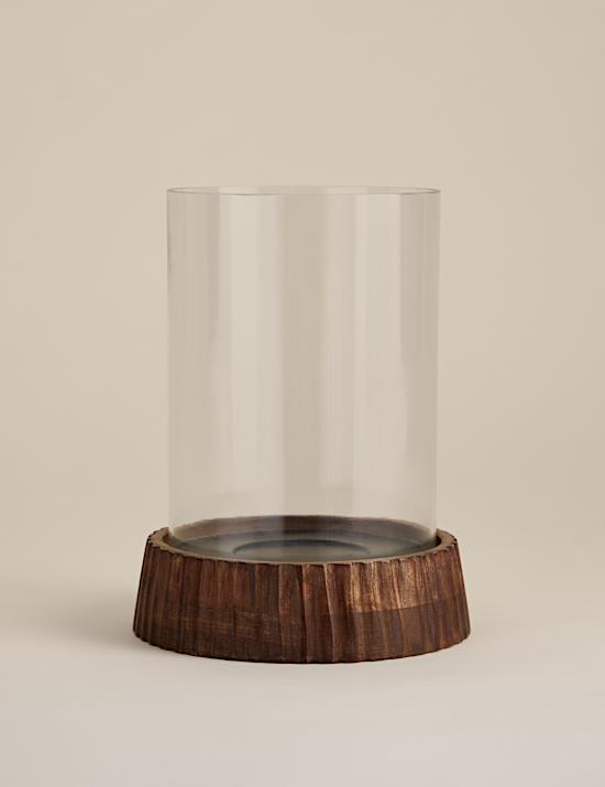 Świecznik wiatrochronny z drewnianą podstawą żłobioną