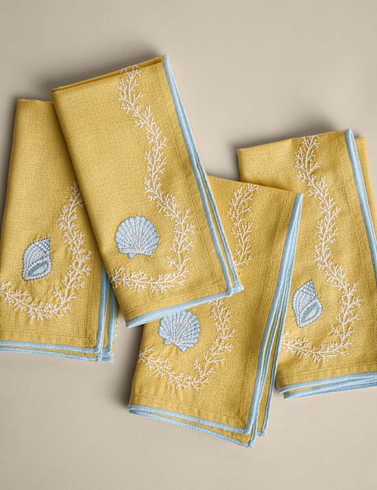 Set of 4 Cotton with Linen Coastal Embroidered Napkins