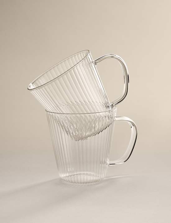 Set of 2 Ribbed Glass Flat White Mugs