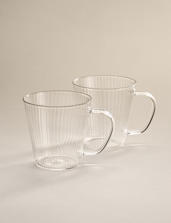 Set of 2 Ribbed Glass Flat White Mugs