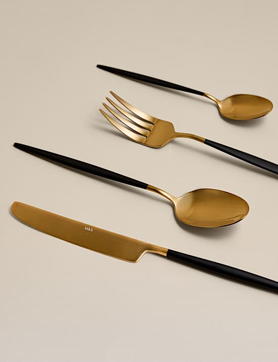 4 Piece Black Pointed End Gold Cutlery Set
