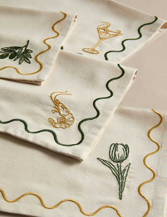 Set of 4 Pure Cotton Bistro Embroidered Napkins