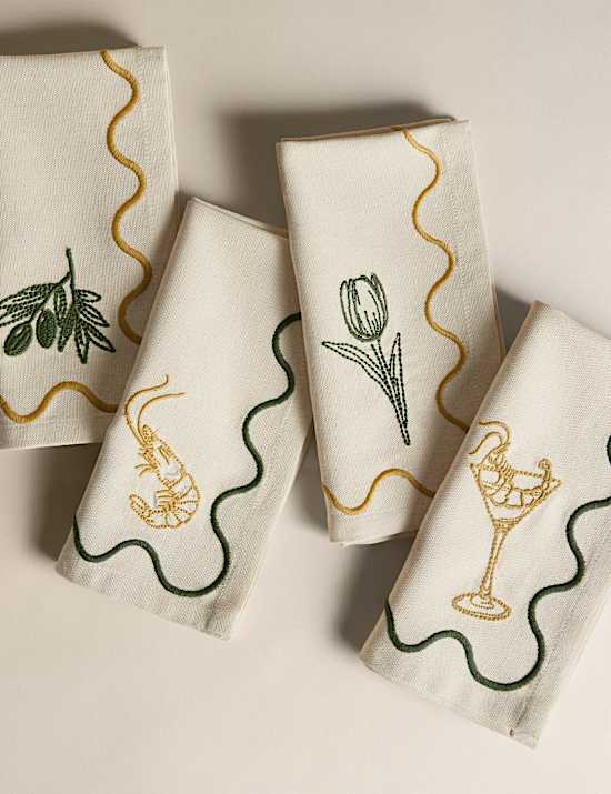 Set of 4 Pure Cotton Bistro Embroidered Napkins