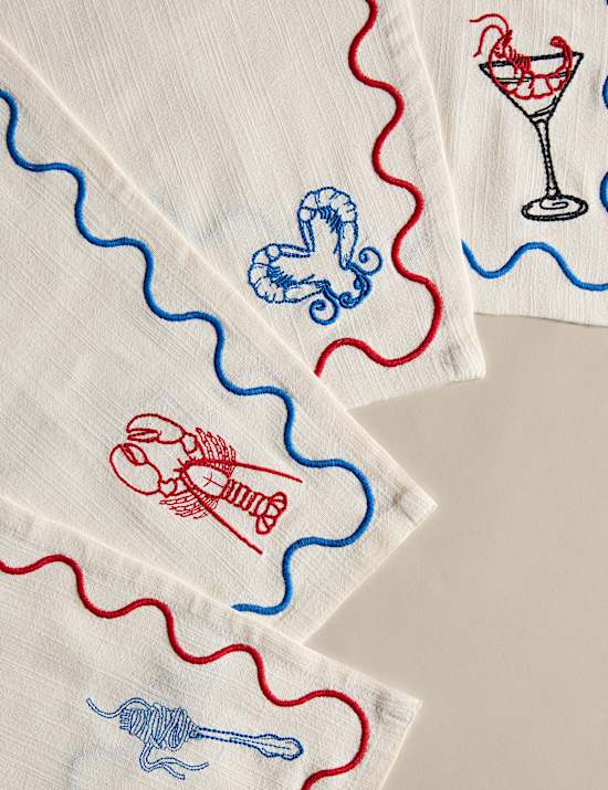 Set of 4 Pure Cotton Bistro Embroidered Napkins