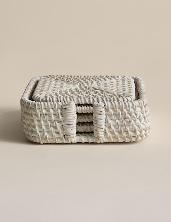 Set van 4 onderzetters met rotan en houder