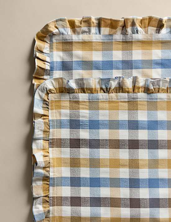 Lot de 4 serviettes de table en coton avec lin à volant et carreaux Vichy