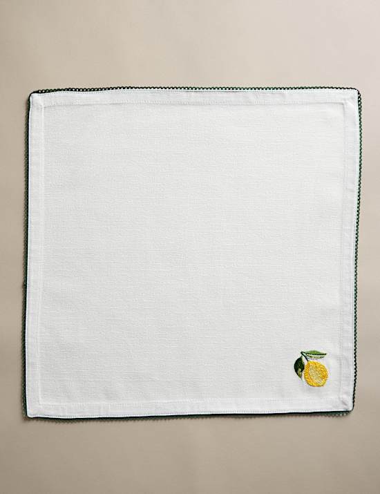 Set of 4 Pure Cotton Lemon Embroidered Napkins