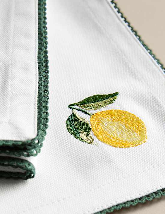 Set of 4 Pure Cotton Lemon Embroidered Napkins