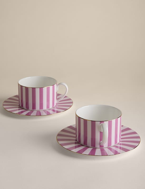 2 Pack Bone China Striped Cups & Saucers