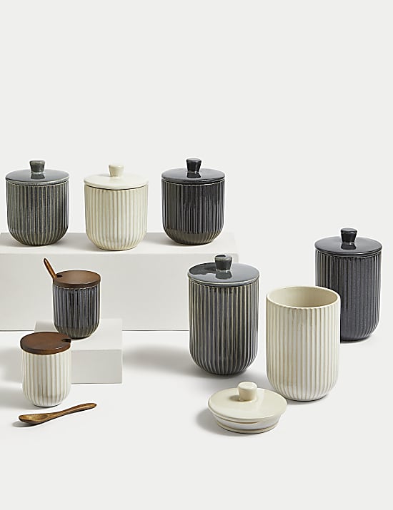 Set of 2 Ribbed Storage Jars with Spoons