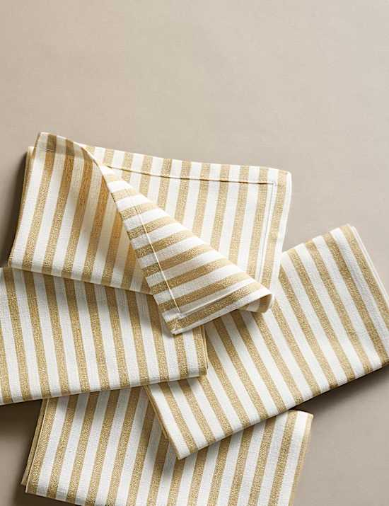 Lot de 4 serviettes de table en coton et lin &agrave; fines rayures