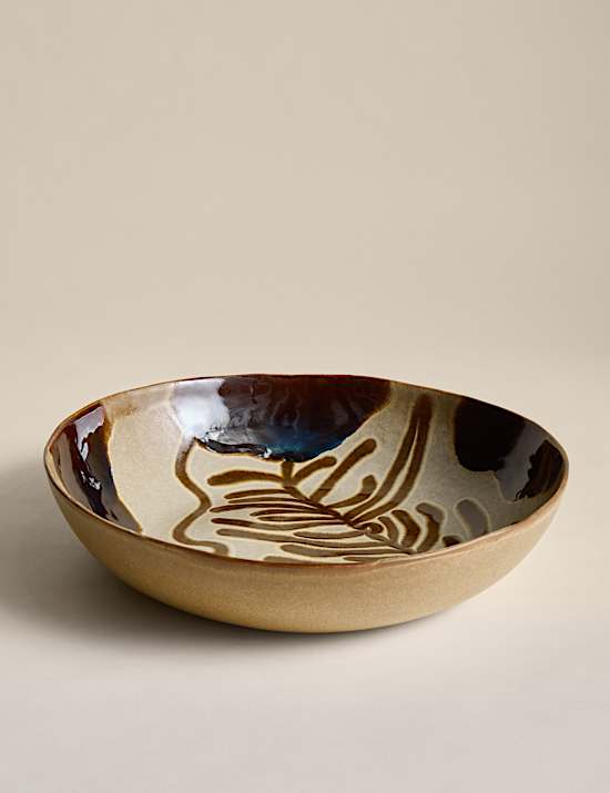 Grand saladier en gr&egrave;s &agrave; motif peint