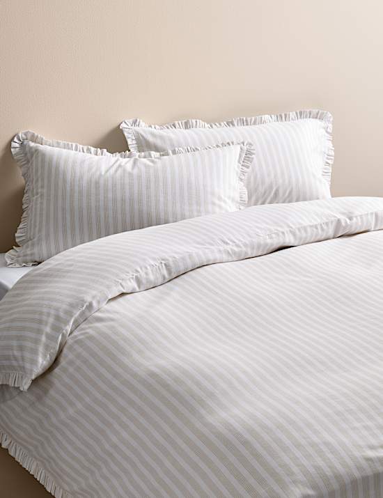 Parure de lit 100 % coton à rayures et volant