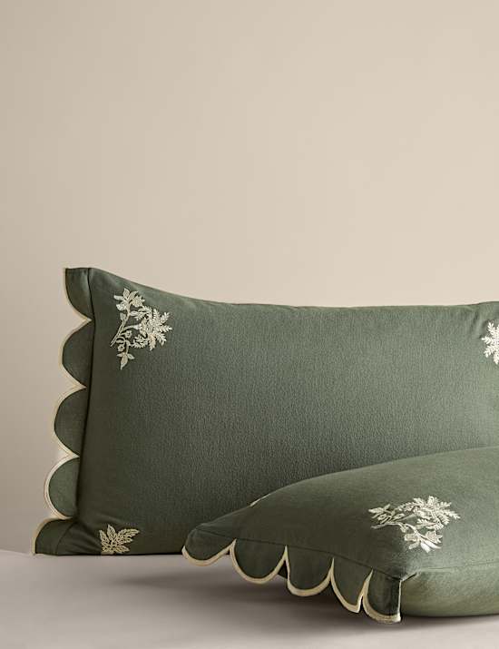 Pure Brushed Cotton Floral Embroidered Scallop Bedding Set