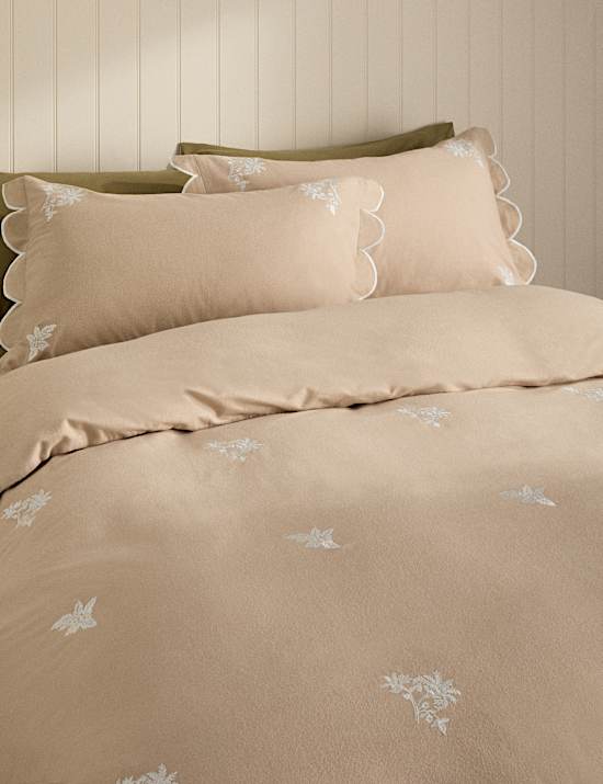Pure Brushed Cotton Floral Embroidered Scallop Bedding Set