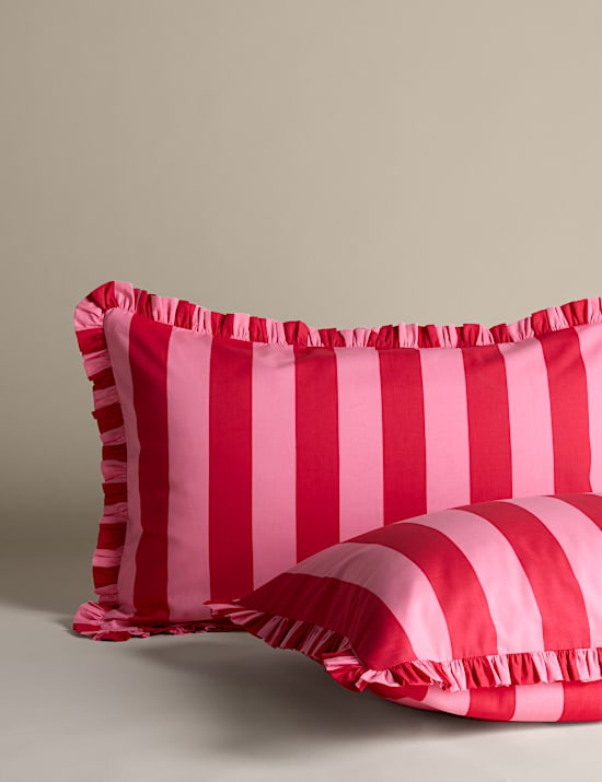 Parure de lit 100 % coton &agrave; rayures et volant