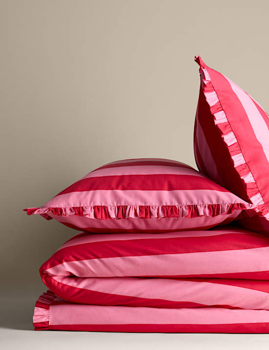 Parure de lit 100 % coton &agrave; rayures et volant