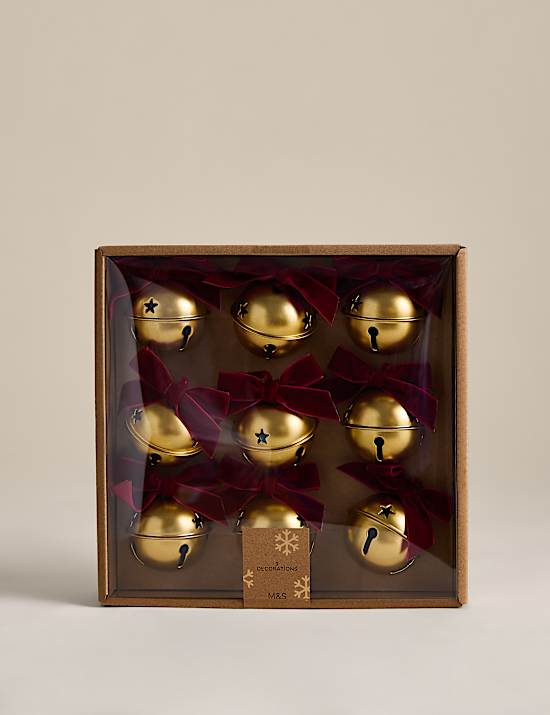 9 Pack Velvet Bow Detail Brass Sleigh Bells