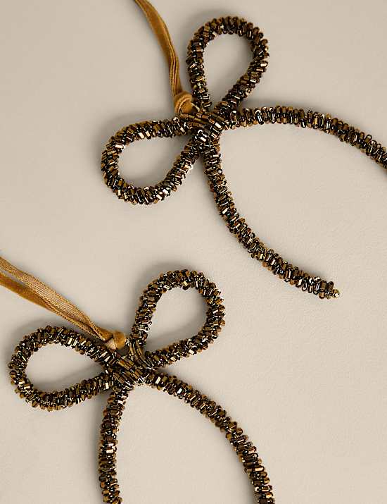 2 Pack Gold Beaded Hanging Bow Decorations