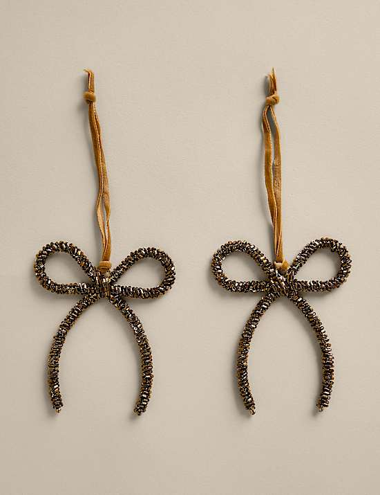 2 Pack Gold Beaded Hanging Bow Decorations