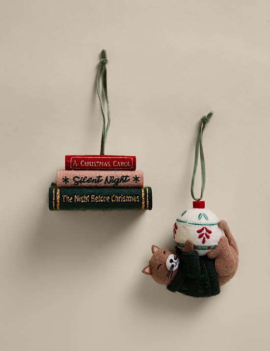 2 Pack Felt Cat and Festive Books Hanging Decorations