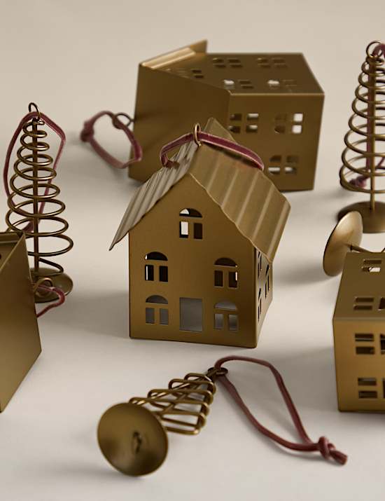 8 Pack Brass House & Tree Decorations