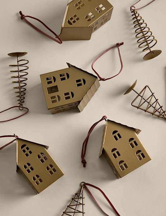 8 Pack Brass House & Tree Decorations