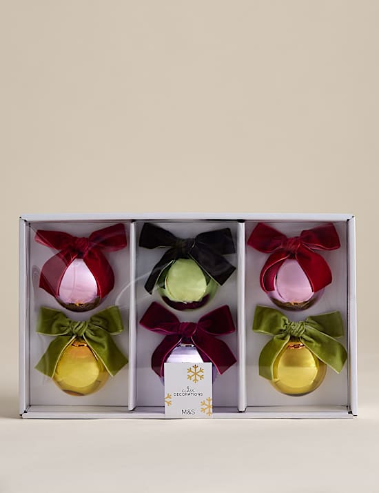 6 Pack Glass Metallic Bow Baubles