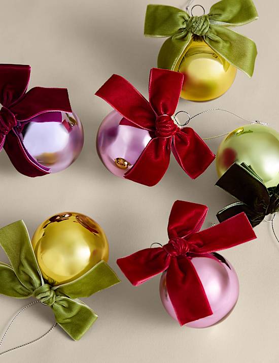 6 Pack Glass Metallic Bow Baubles