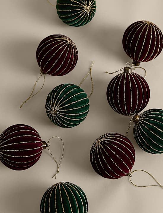 9 Pack Flocked Ridged Baubles