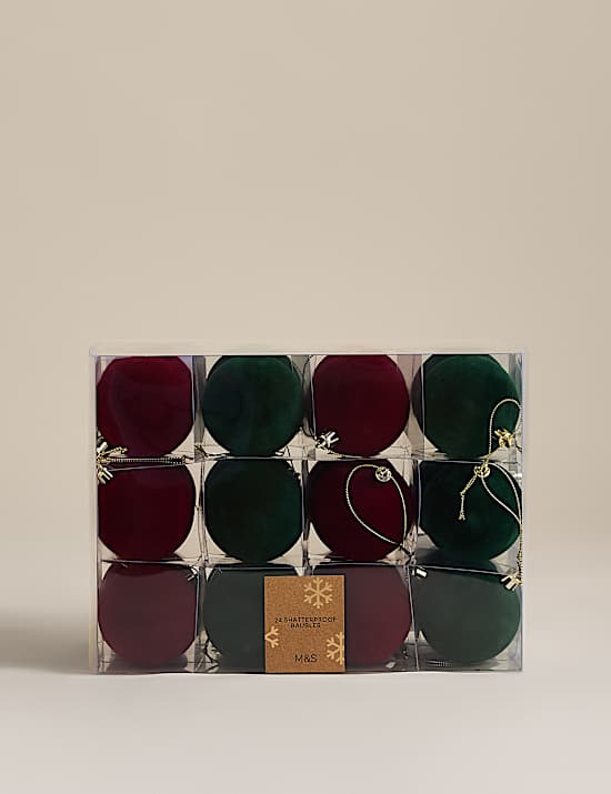 24 Pack Flocked Shatterproof Baubles