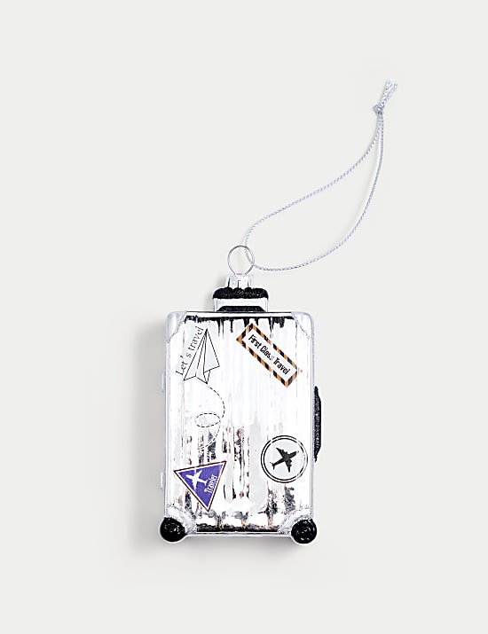 Ασημί κρεμαστό γυάλινο διακοσμητικό με σχέδιο βαλίτσα