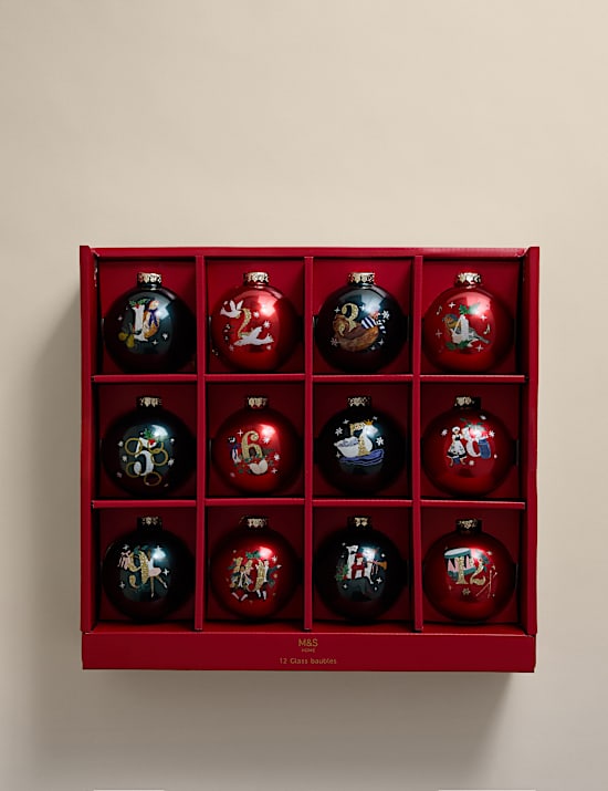 12pk Glass 12 Days of Christmas Baubles