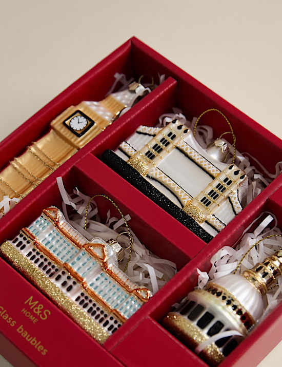 4pk Glitter Glass London Hanging Decorations