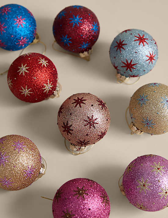 9pk Multicoloured Glitter Decorative Baubles