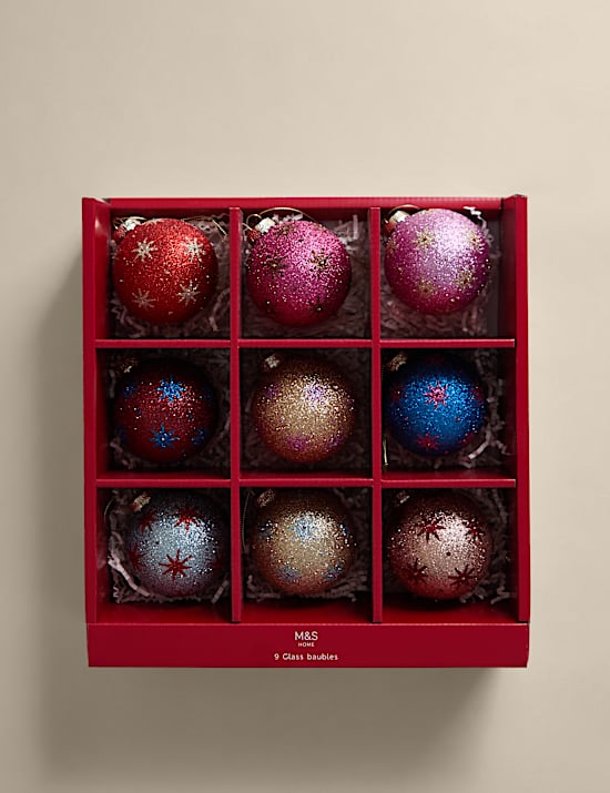 9pk Multicoloured Glitter Decorative Baubles