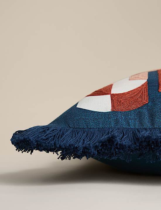 Pure Cotton Geometric Embroidered Fringed Cushion