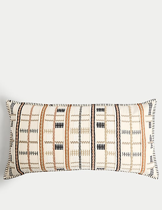 Pure Cotton Grid Embroidered Bolster Cushion