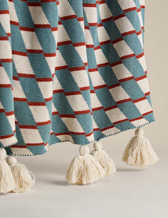 Pure Cotton Geometric Knitted Tassel Throw