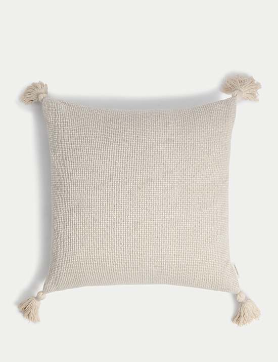 Coussin 100 % coton &agrave; motif textur&eacute; et pampilles