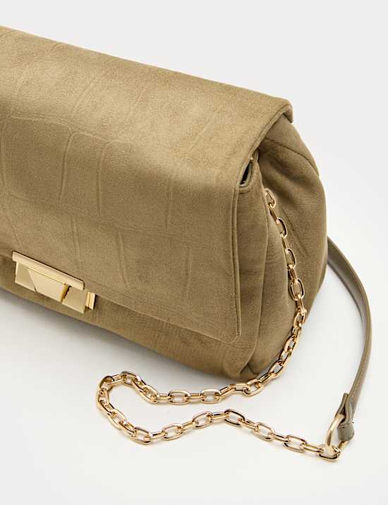 Suedette Croc Effect Double Chain Shoulder Bag