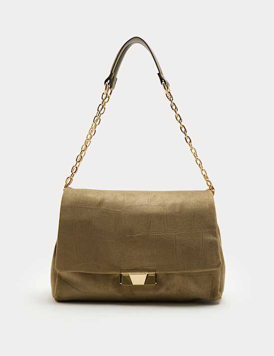 Suedette Croc Effect Double Chain Shoulder Bag