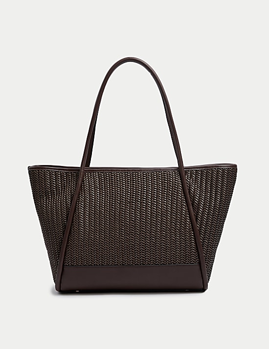 Faux Leather Woven Structured Tote Bag