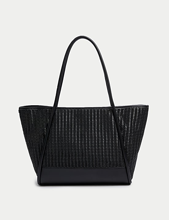 Faux Leather Woven Structured Tote Bag