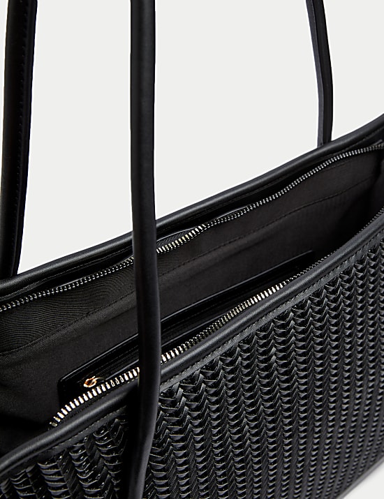 Faux Leather Woven Structured Tote Bag