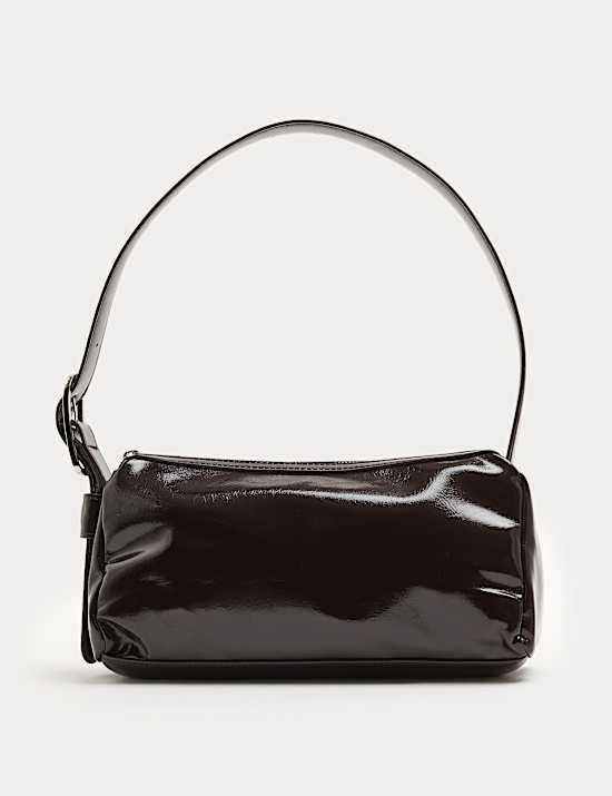 Faux Leather Patent Finish Buckle Shoulder Bag