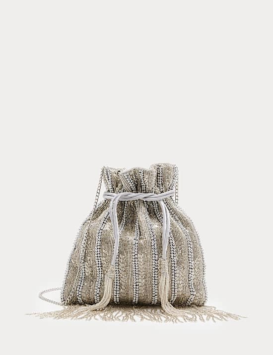 Beaded Tassel Drawstring Shoulder Bag