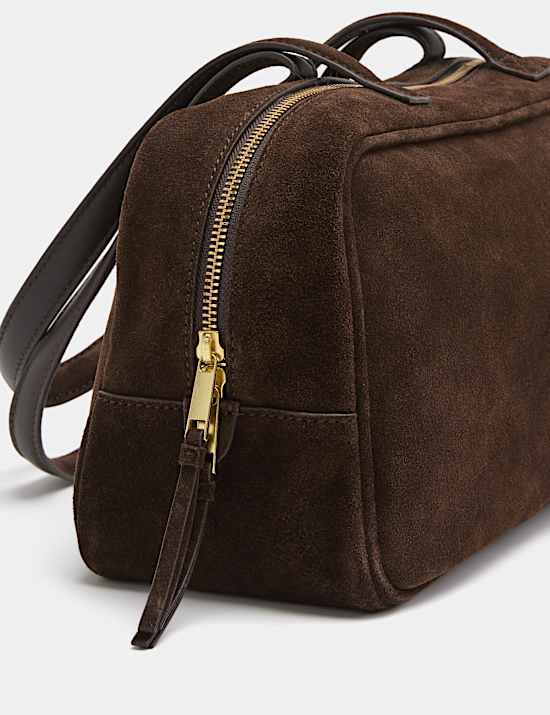 Suede Double Zip Top Handle Bowler Bag