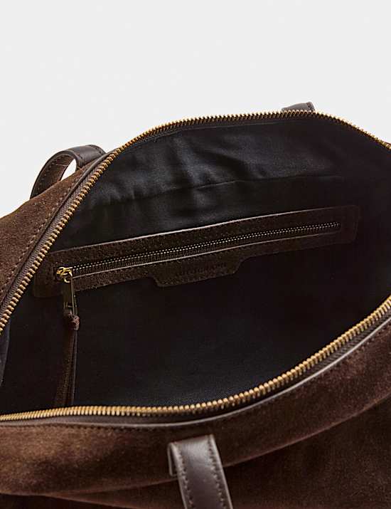 Suede Double Zip Top Handle Bowler Bag