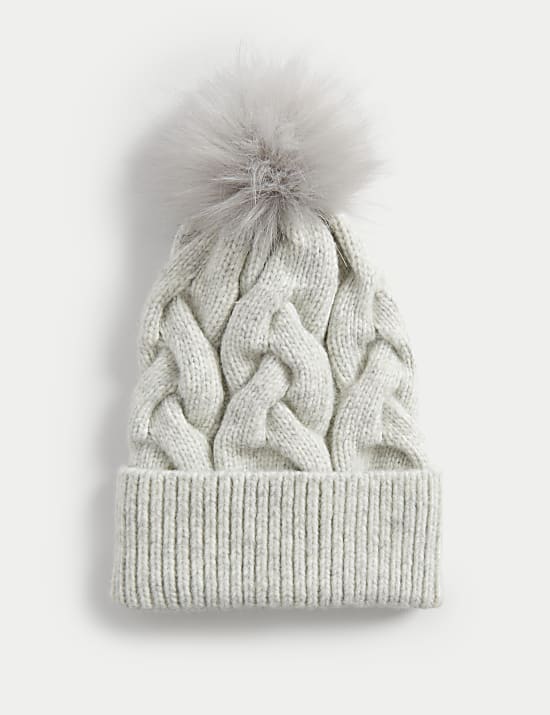 Knitted Cable Faux Fur Pom Hat